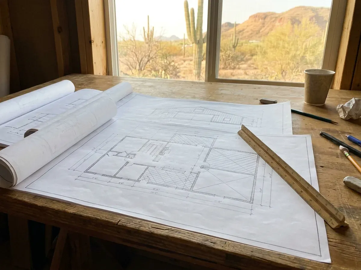 Barndominium floor plan and elevation drawings laid out on a drafting table with a scale rule.