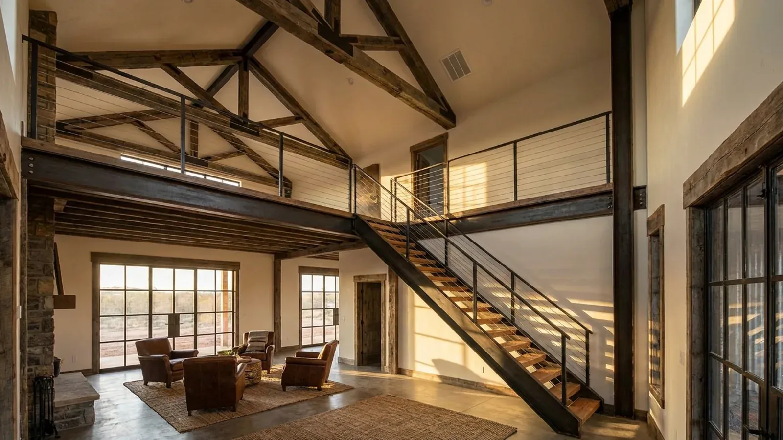 A barndominium great room with an open loft level and railing built over part of the room, reached by an open staircase.