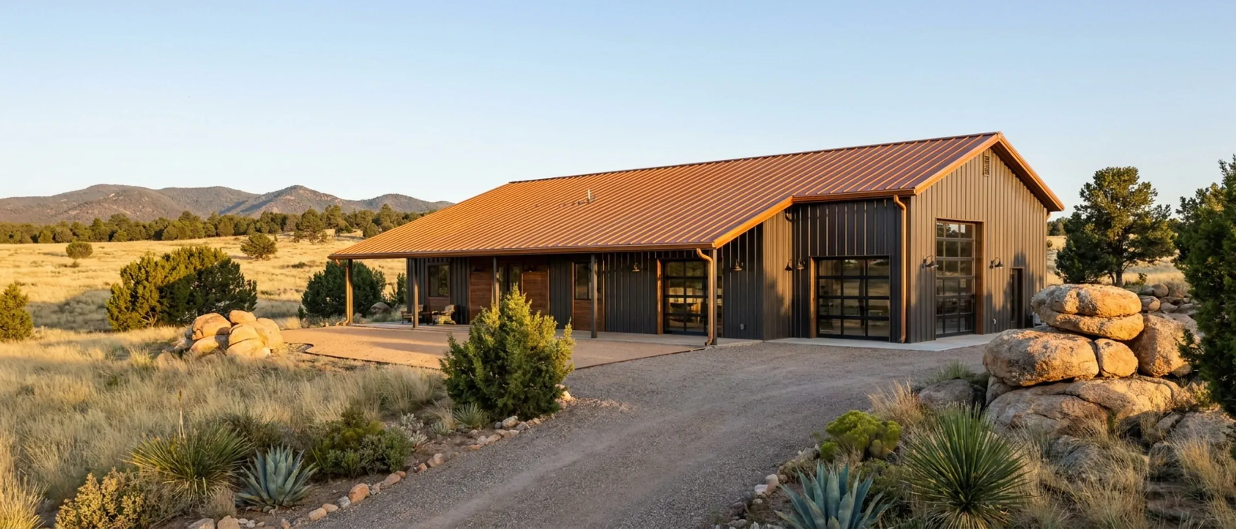 A completed barndominium viewed from a low angle showing its standing seam metal roof, vertical wall panels, gutters and wall lights.