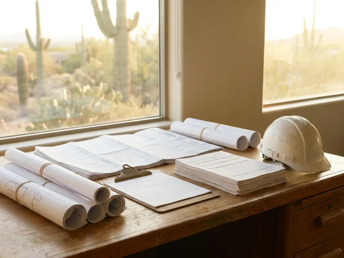 A building permit submittal package on a desk with rolled construction drawings, forms on a clipboard, and a hard hat.