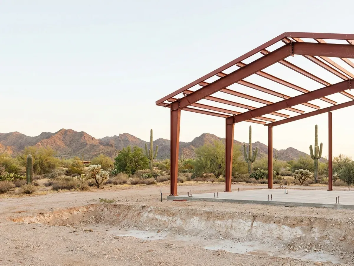 A red-primed steel frame partly erected at one end of a concrete slab in the desert, with anchor bolts standing in the slab.