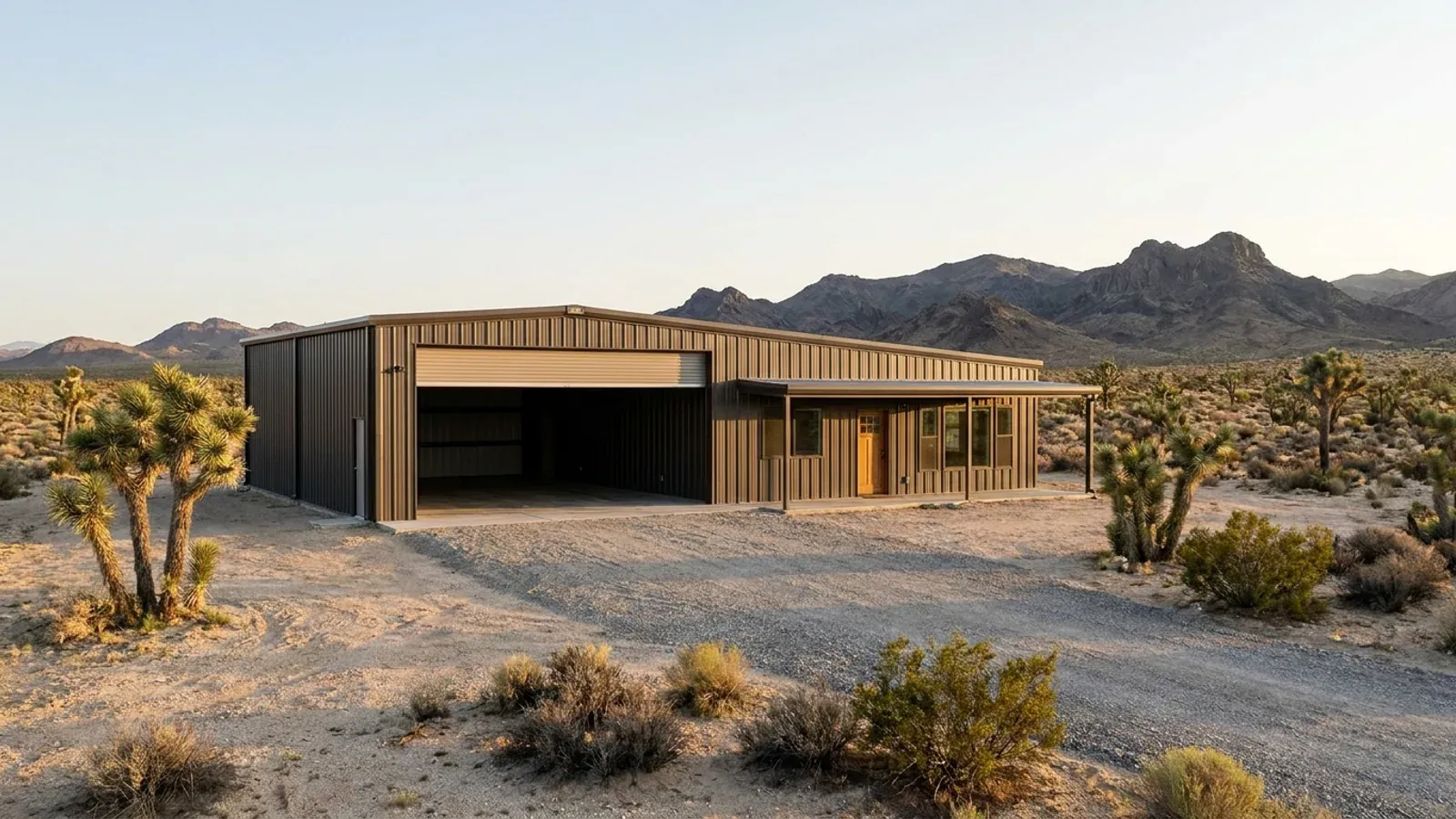 A barndominium in open desert with a tall, deep RV garage bay attached to the residence under one continuous roof.