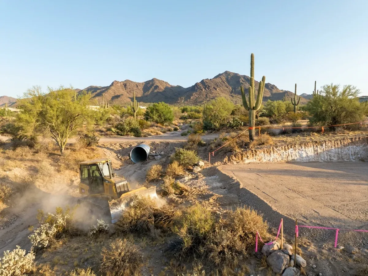 A dozer clearing desert scrub beside a graded building pad, with white caliche in the cut face, a culvert pipe and survey flagging.